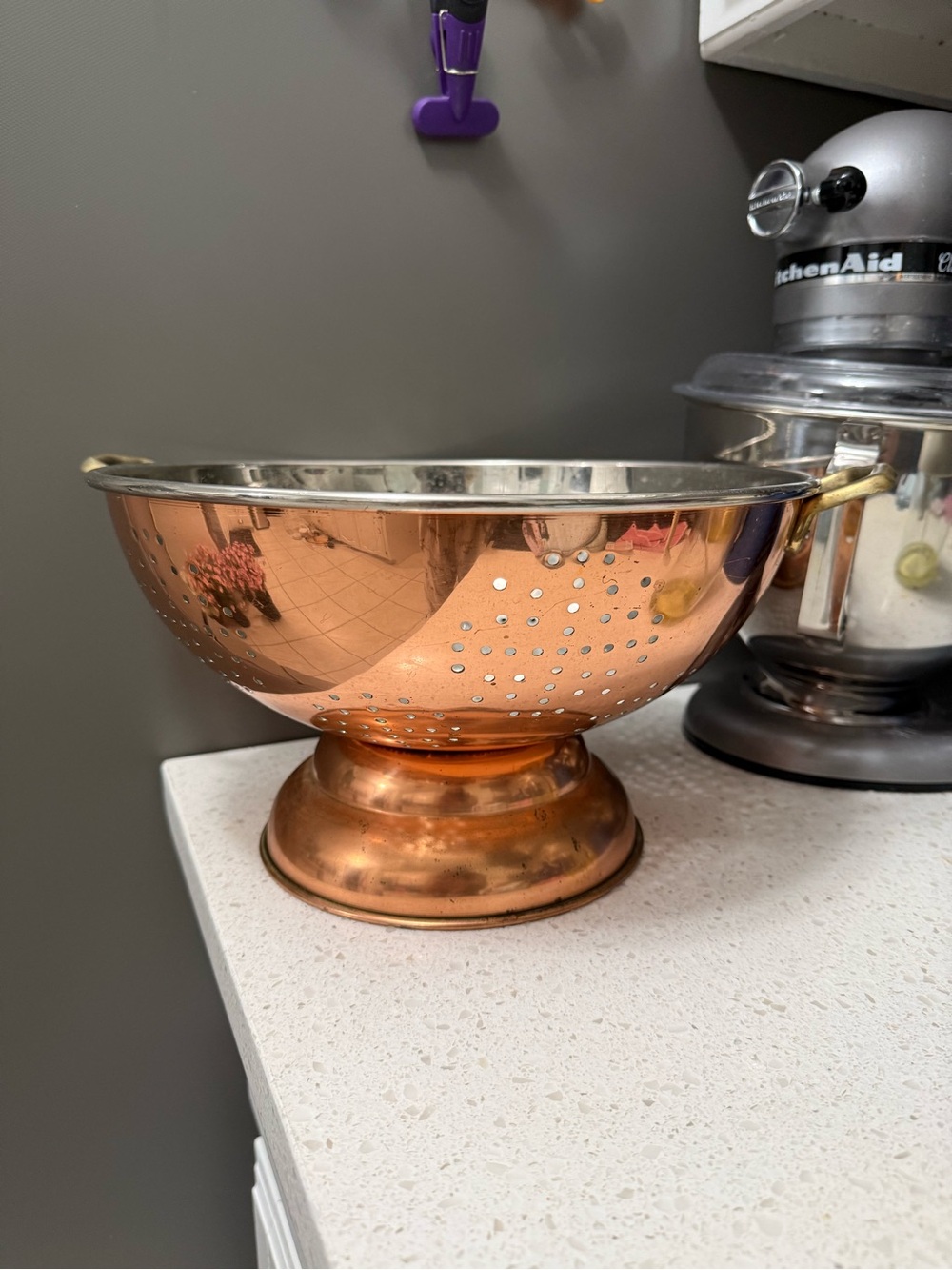copper colander with brass side handles